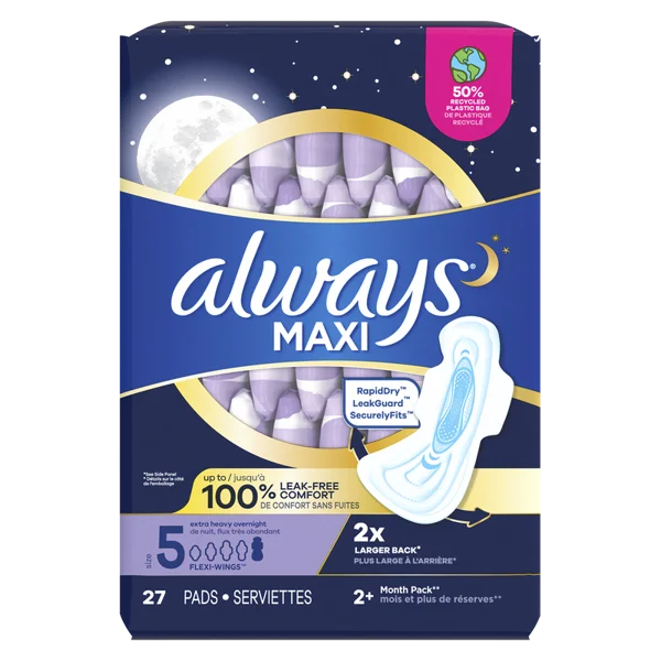 Always Maxi Overnight Pads with Wings Size 5 Extra Heavy Overnight Unscented 27ct
