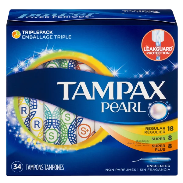 Tampax Pearl Triple Pack Plastic Tampons Regular/Super/Super Plus Unscented 34ct