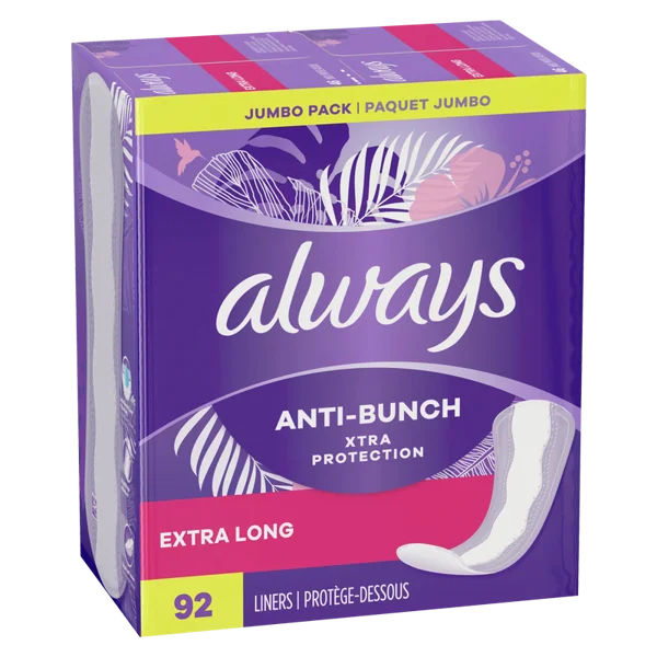 Always Anti-Bunch Xtra Protection Daily Liners Extra Long Absorbency Unscented 92ct