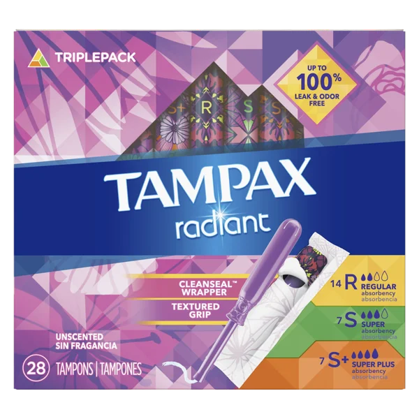 Tampax Radiant Unscented Tampons Trio Pack Regular/Super/Super Plus Absorbency 28 Ct