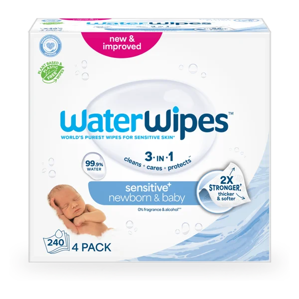 WaterWipes Sensitive+ Newborn & Baby Wipes, 240 Count (4 Packs)