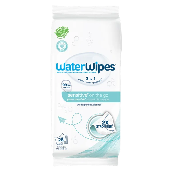 WaterWipes Sensitive+ On The Go Wipes, 3-In-1 Cleans, Cares, Protects, 99.9% Water, Unscented & Hypoallergenic Wet Wipes, 28 Count (1 Pack)
