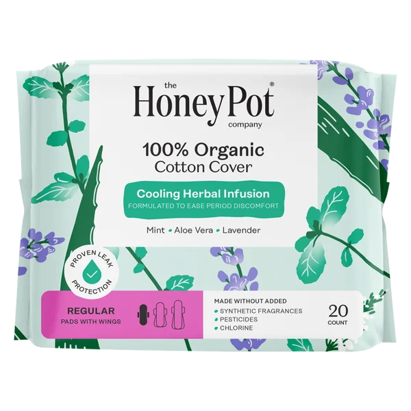 The Honey Pot Company 100% Organic Cotton Cover Cooling Herbal Infusion Regular Pads, 20ct