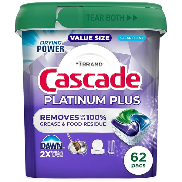 Cascade Platinum Plus Dishwasher Pods, Clean Scent, 62ct