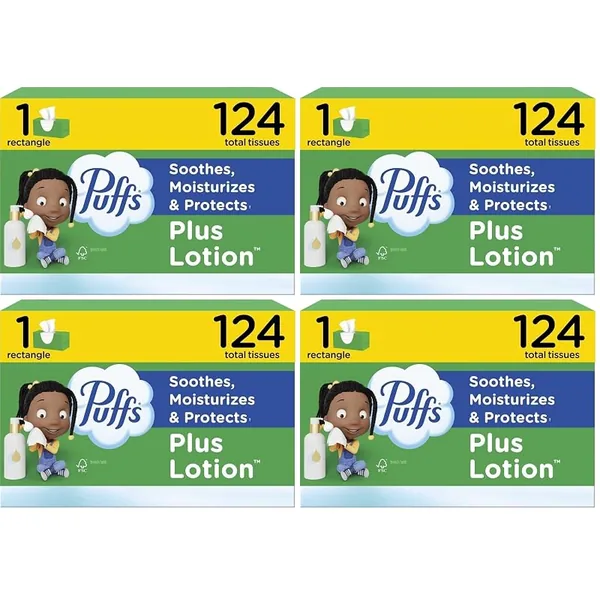 Puffs Plus Lotion Facial Tissues, 124ct Family Box, 4-Pack