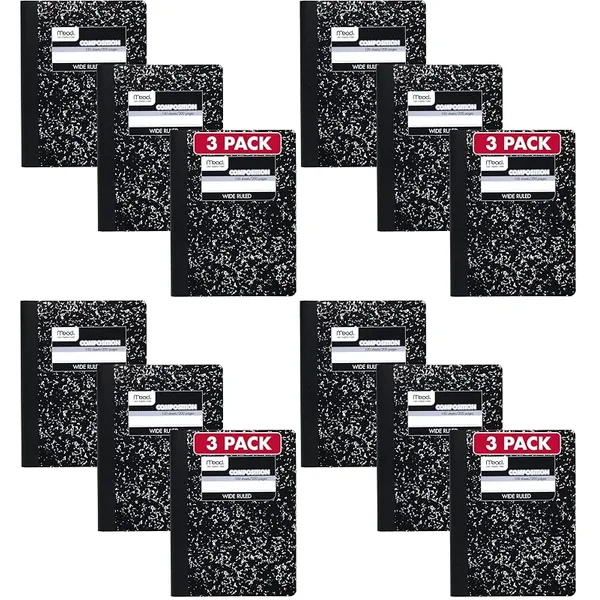 Mead Composition Notebooks, Wide Ruled, Black Marble, 12ct (4 x 3-Pack)