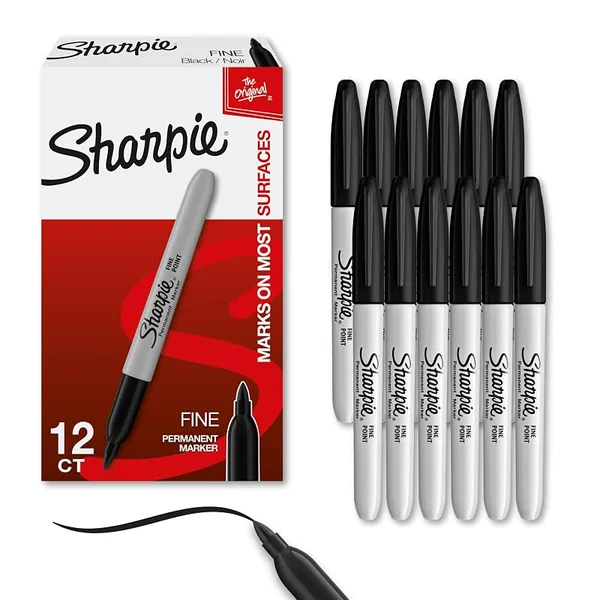 Sharpie Permanent Markers, Fine Tip, Black, 12ct