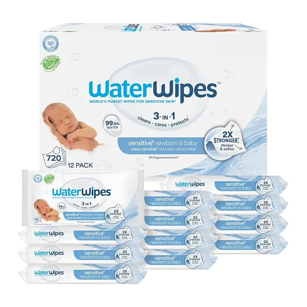 WaterWipes Sensitive+ Newborn & Baby Wipes, Unscented, 60ct, 12-Pack