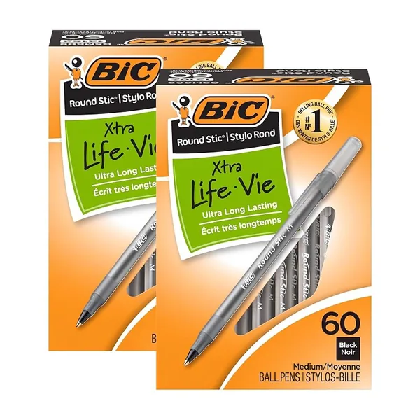 BIC Round Stic Xtra Life Ballpoint Pens Medium Black 60ct, 2-Pack