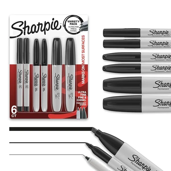 Sharpie Permanent Markers Chisel, Fine & Ultra Fine Tips Black 6ct