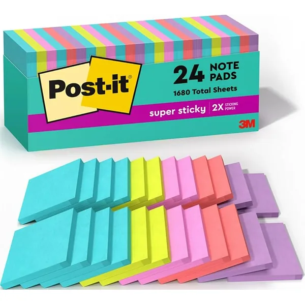 Post-it Super Sticky Notes 3x3in Supernova Neons, 24 Pads