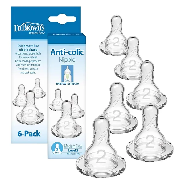 Dr. Brown's Narrow Level 2 Medium Flow Bottle Nipples 3m+, 6-Pack
