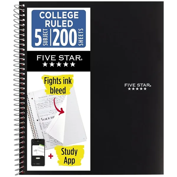 Five Star 5-Subject Spiral Notebook College Ruled 200 Sheets, Black
