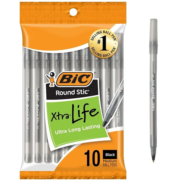 BIC Round Stic Ballpoint Pens Medium 1.0mm Black 10ct
