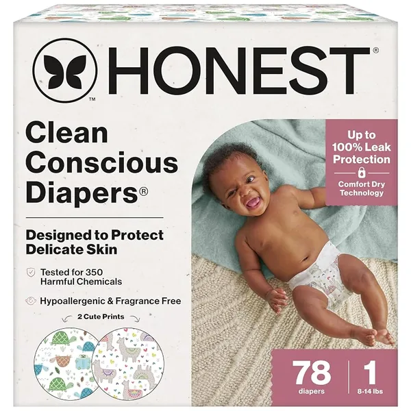 The Honest Company Diapers Size 1 78ct, All the Alpacas + Turtle Time