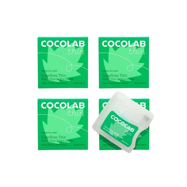 Cocofloss Thin Dental Floss Tight Spaces Mint 99ft, 4-Pack